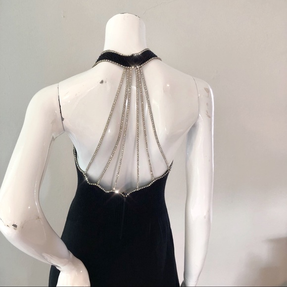 SOLD • VTG 1970’s Black Rhinestones Halter Dress - Picture 4 of 6
